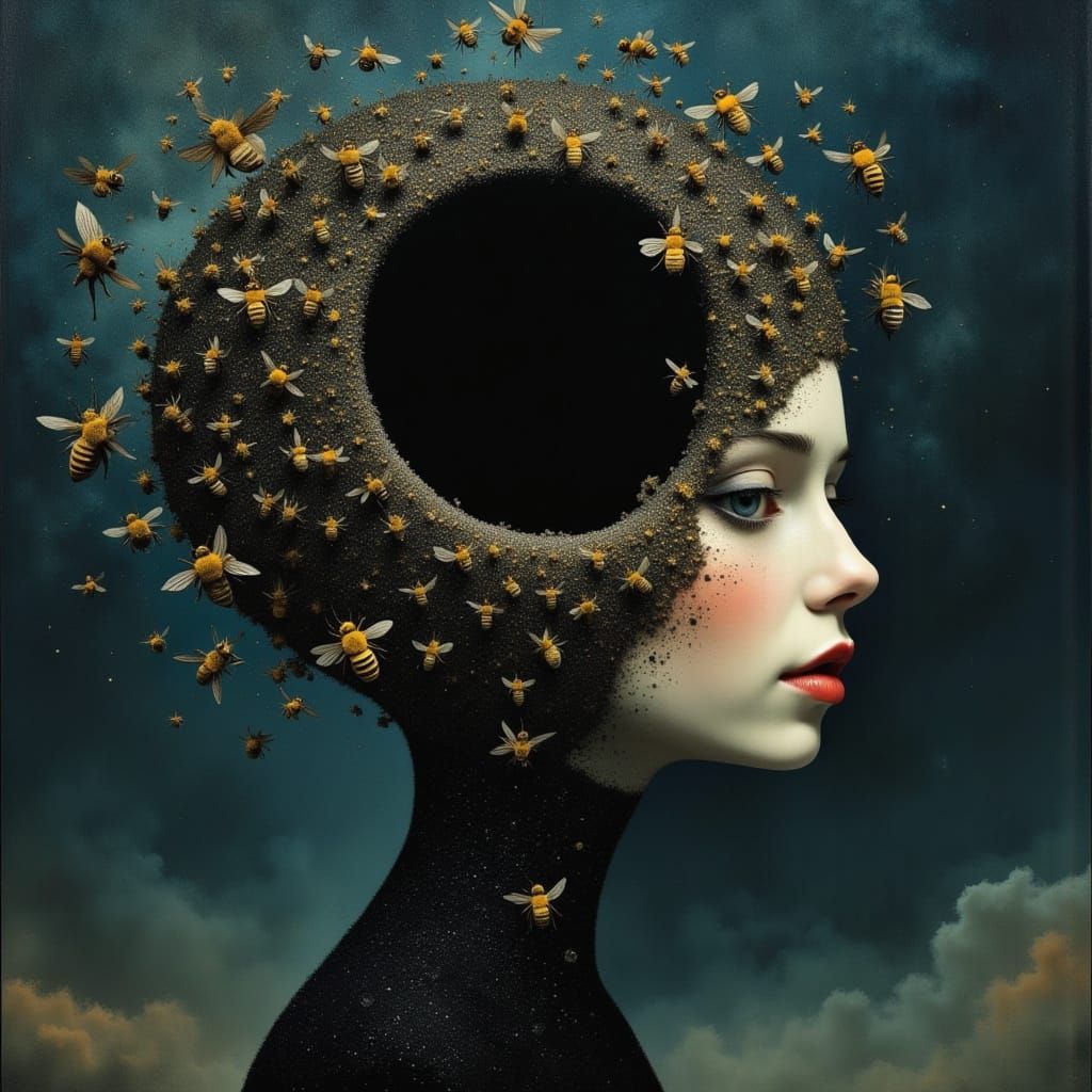 Surrealist Woman Swarmed by Bees in a Dark Dreamscape