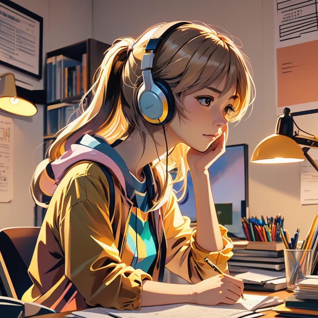 Teenage Girl Listening to Music: Anime Portrait