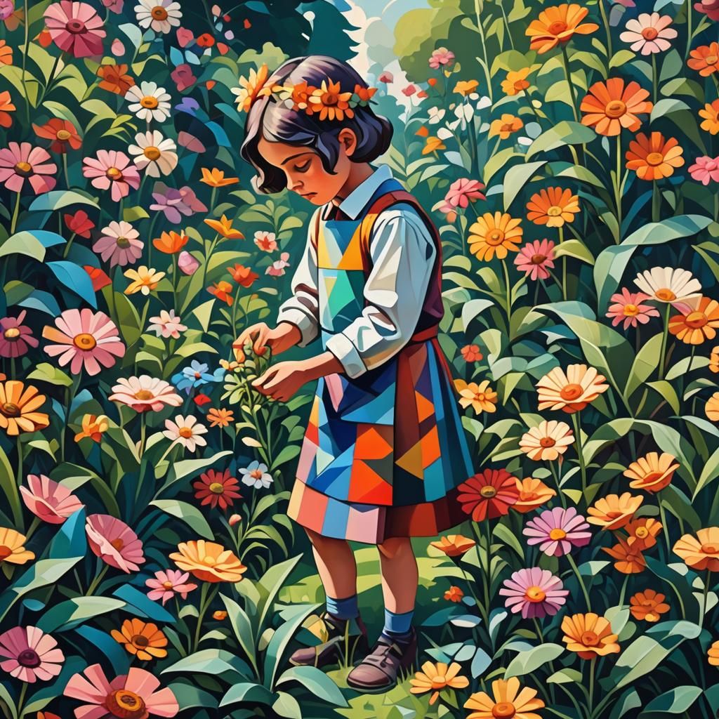 Geometric Cubist Flower Child in Garden