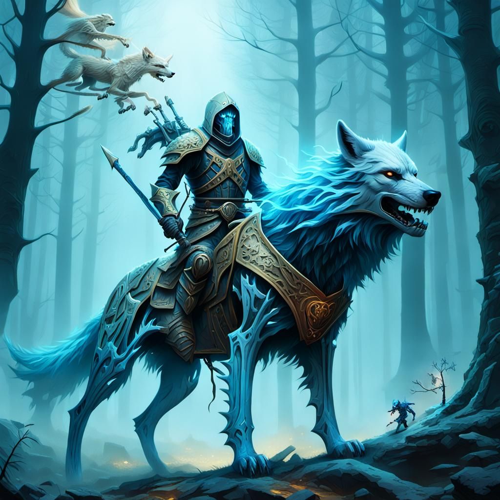 Skeletal Warrior Rides Wolf Through Mystical Forest