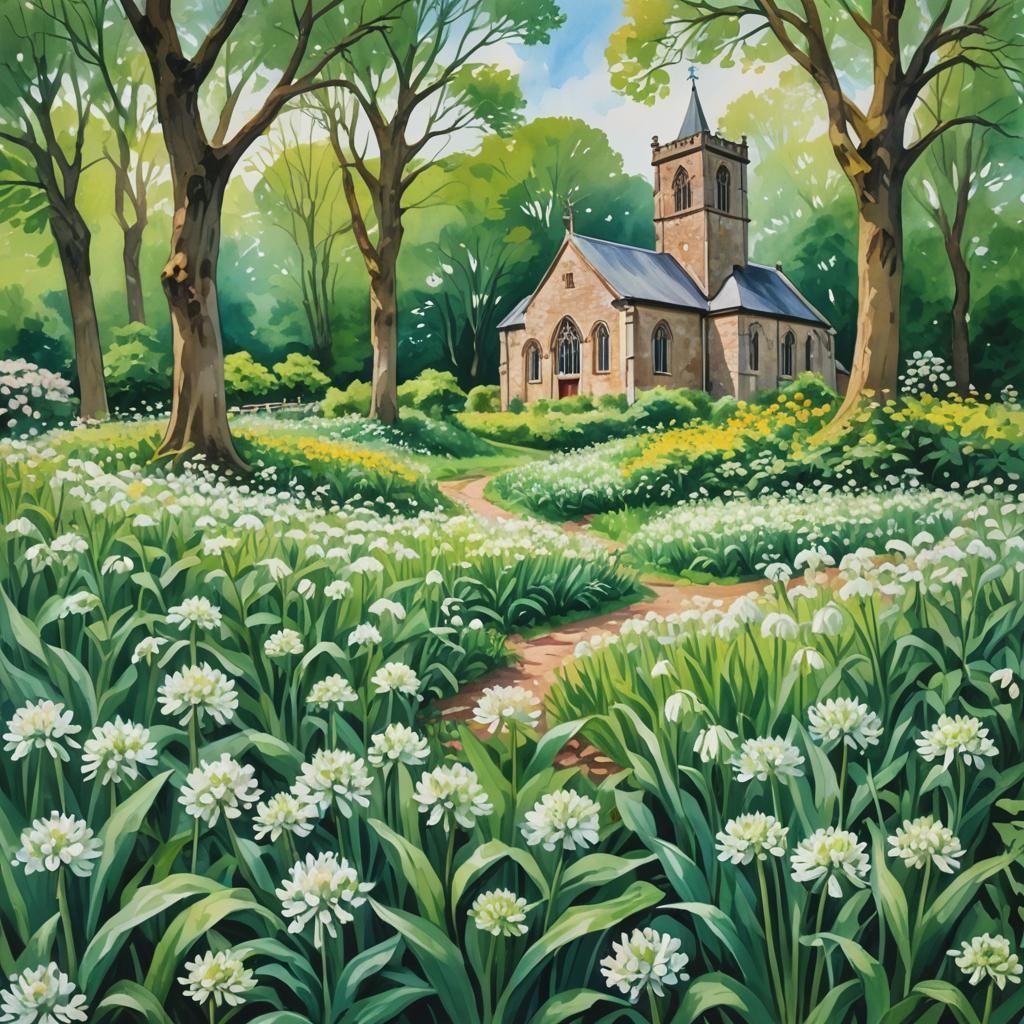 English Church Surrounded by Wild Garlic: Gouache Style