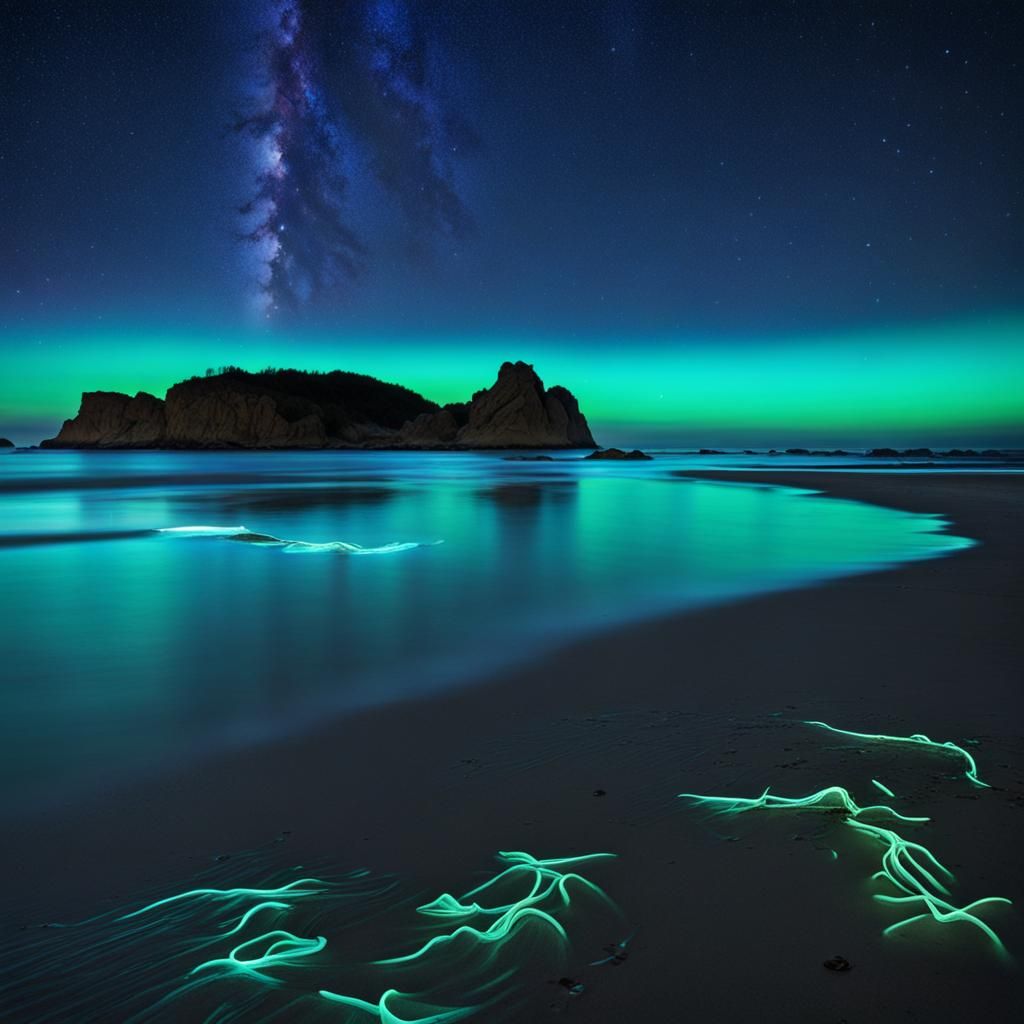 Bioluminescent Beach at Night: Ethereal Glow