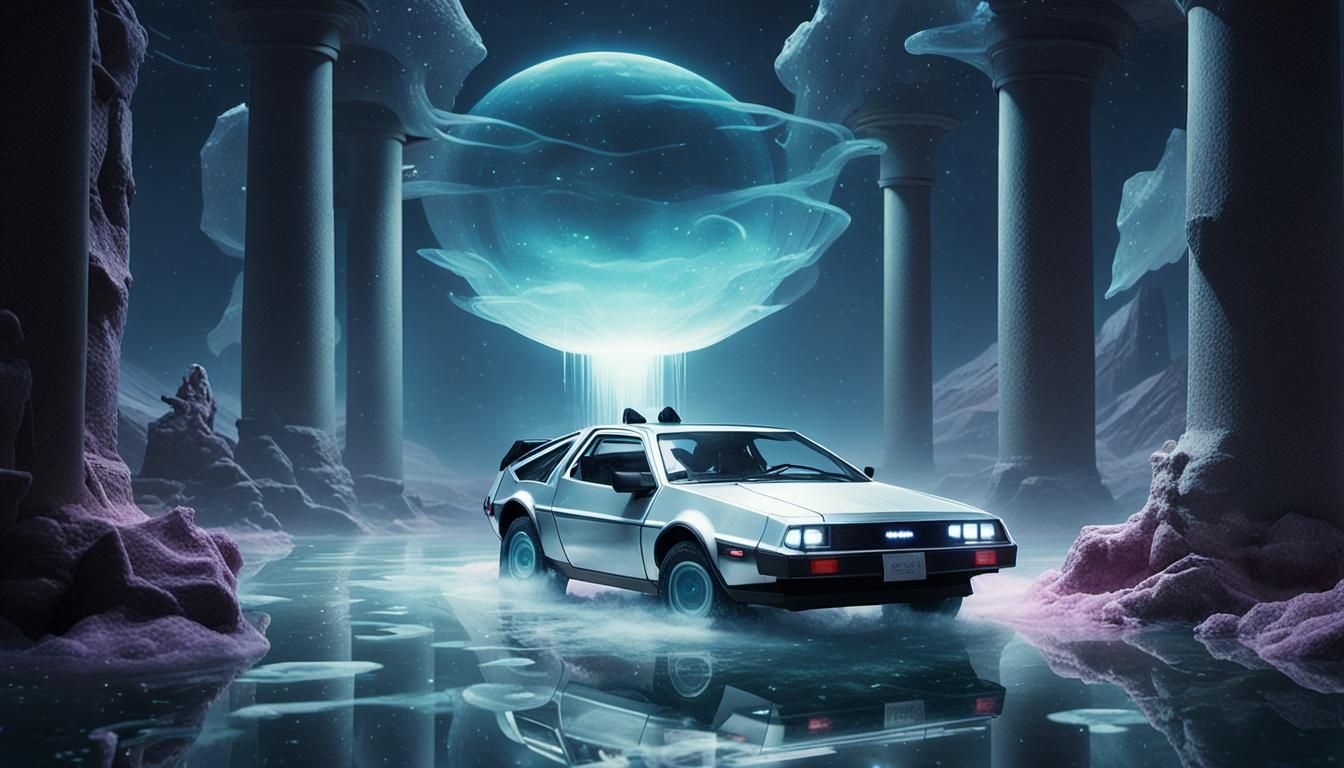 Vaporwave DeLorean in Ethereal Icy Dreamscape