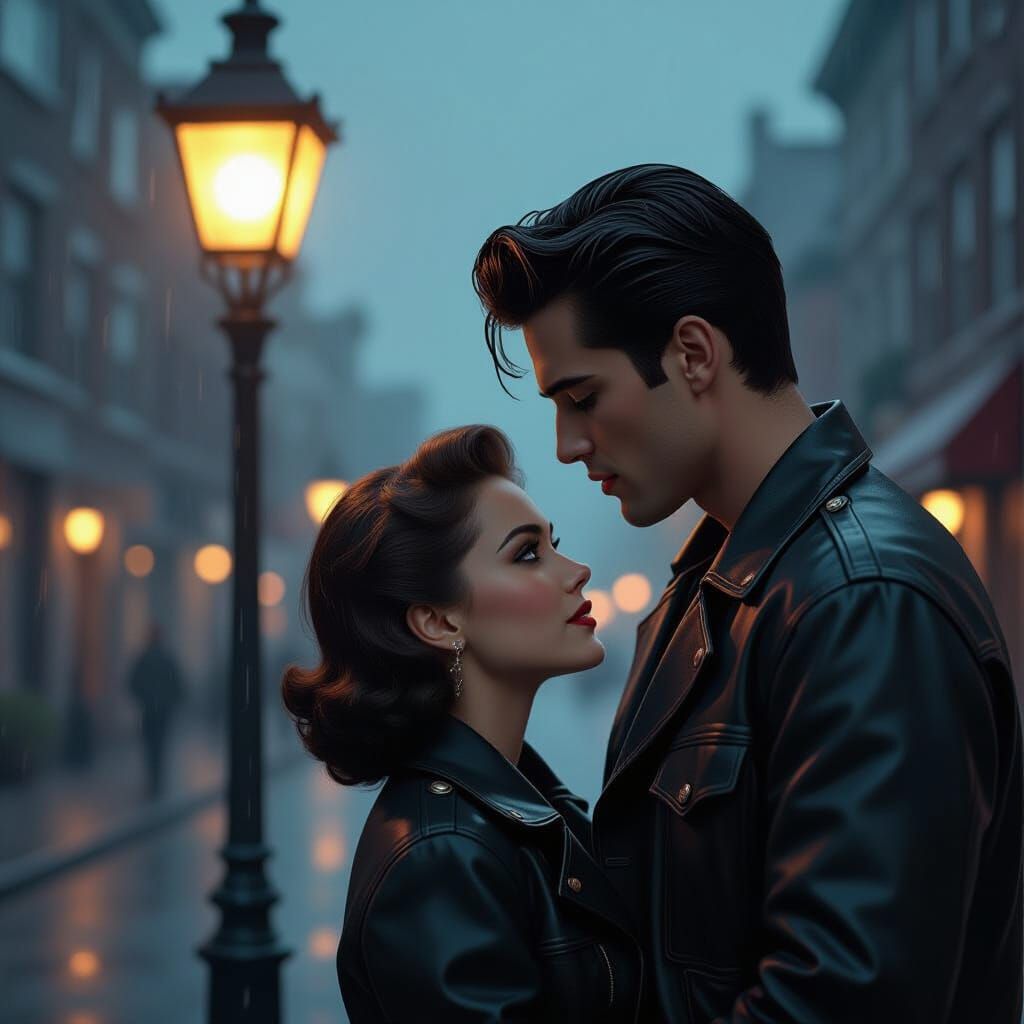 Greaser and Enigmatic Figure Share Glance Under Streetlamp