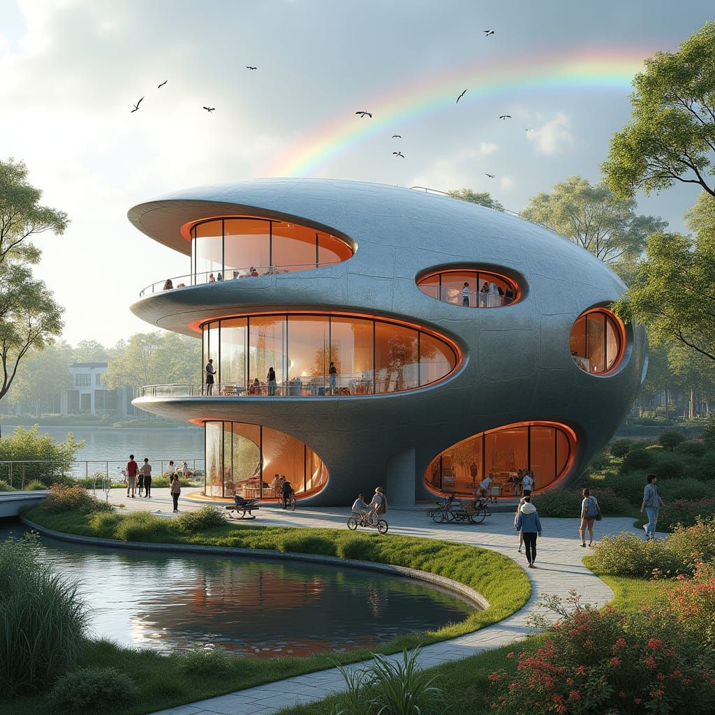 Surreal Flower-Shaped Building in a Futuristic Urban Oasis