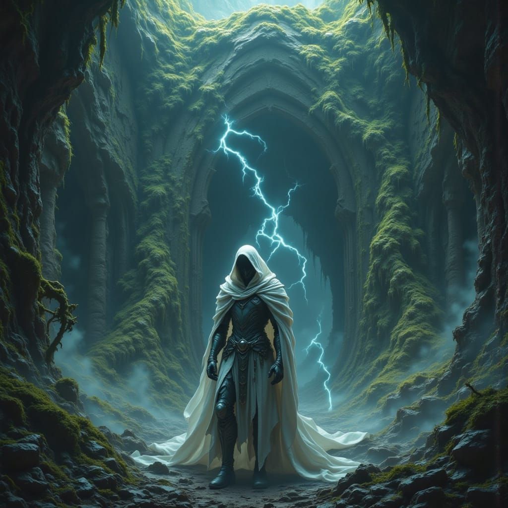 Solitary Sentinel in Ornate Armor Before Ancient Gateway