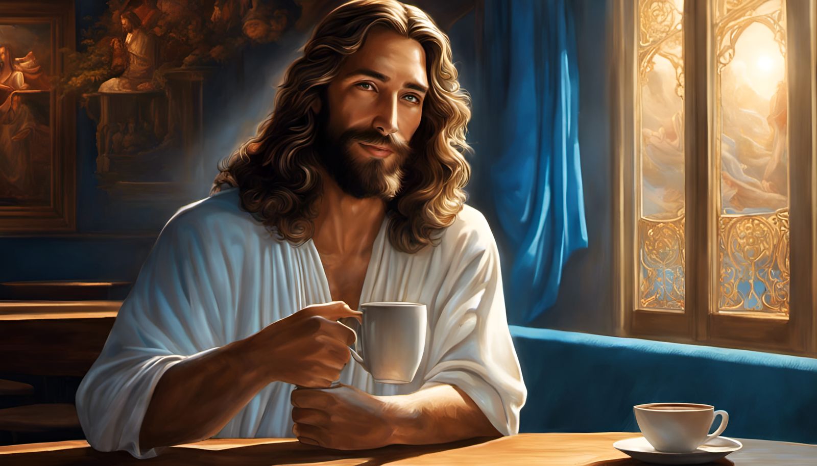Jesus Drinking Coffee in a Cafe