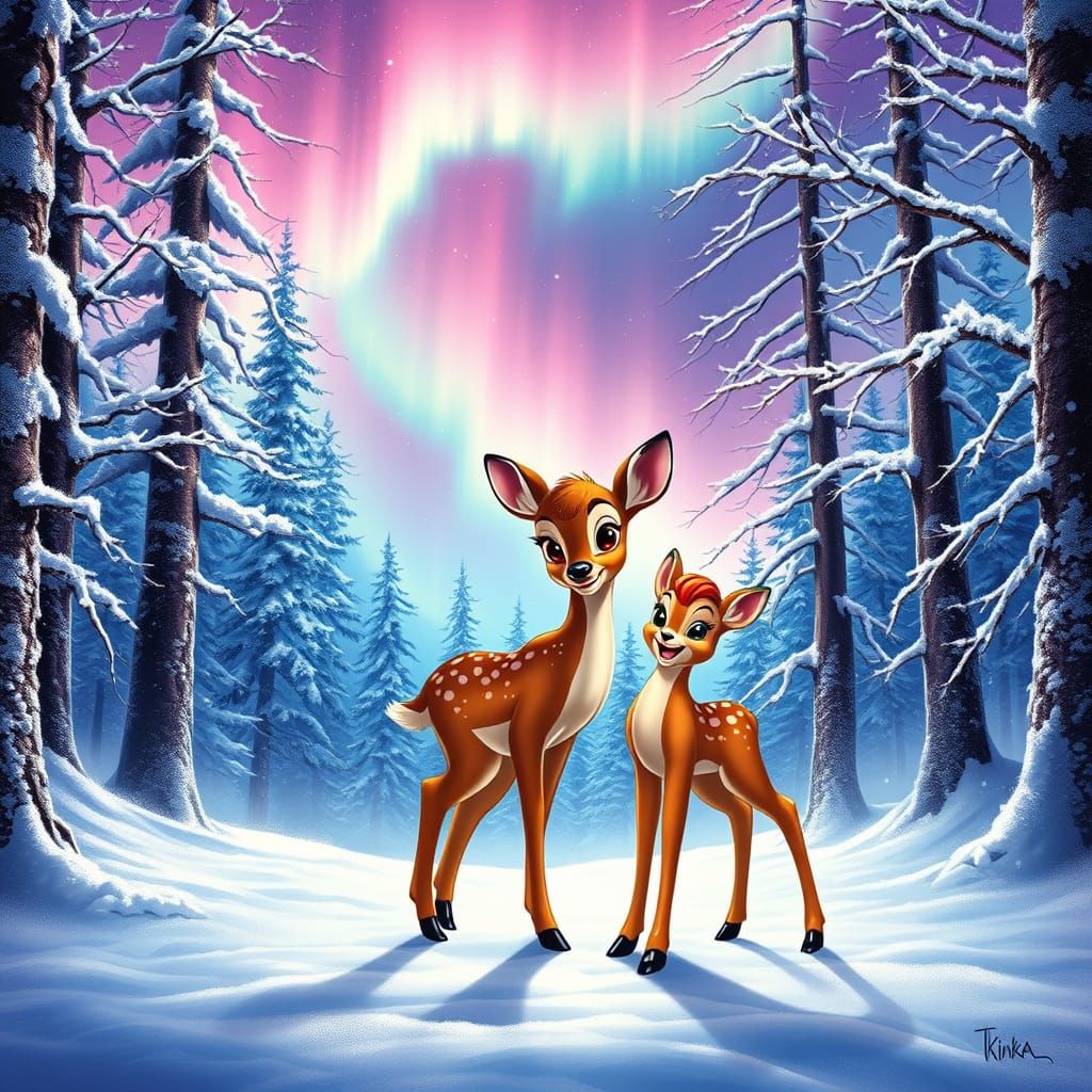 Whimsical Winter Wonderland with Bambi and Thumper Amidst Au...