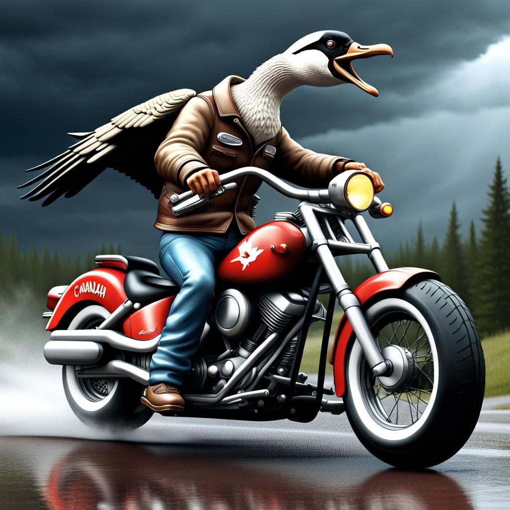 Canadian Goose Biker on Custom Motorcycle