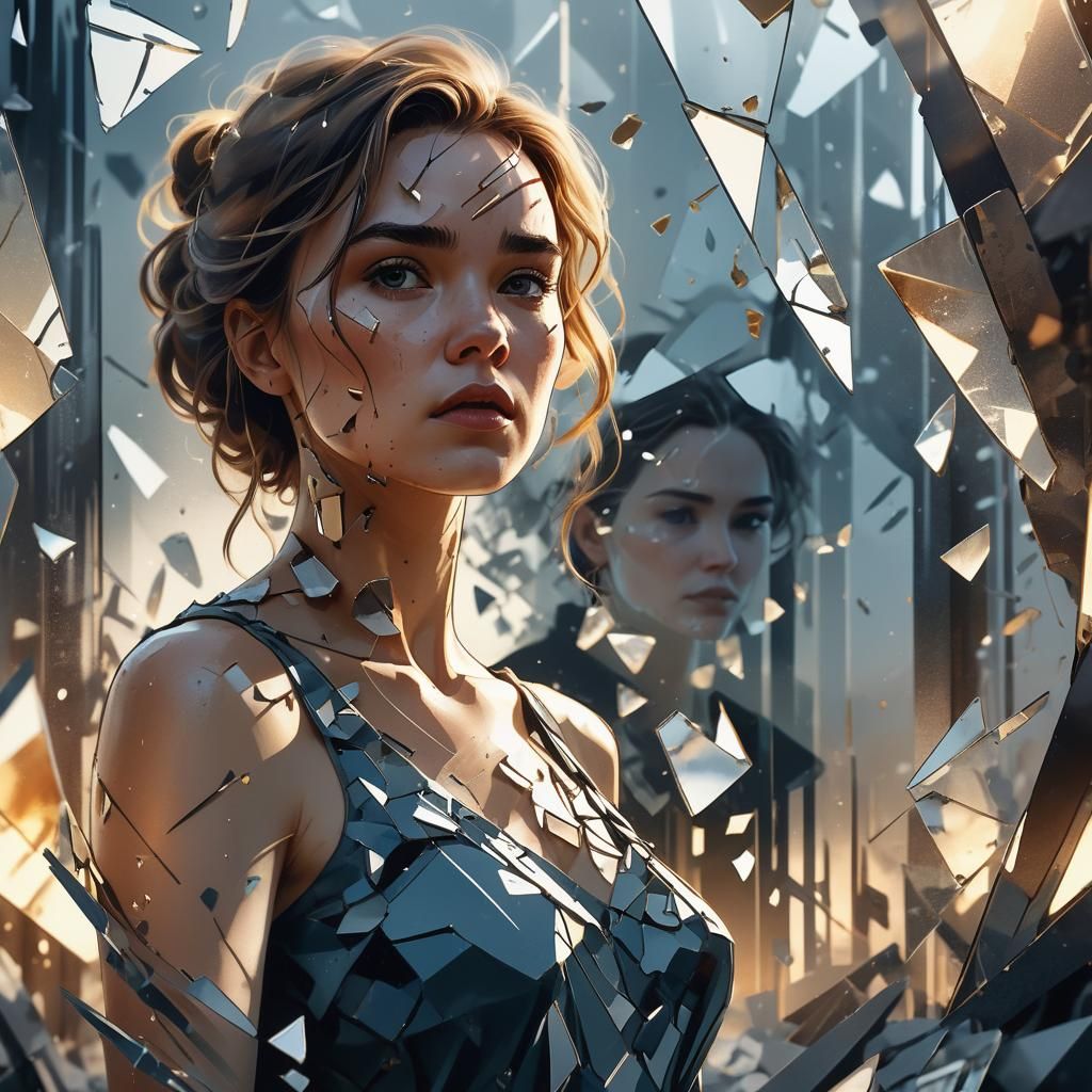 Monochromatic Ink Drawing of Woman in Broken Glass