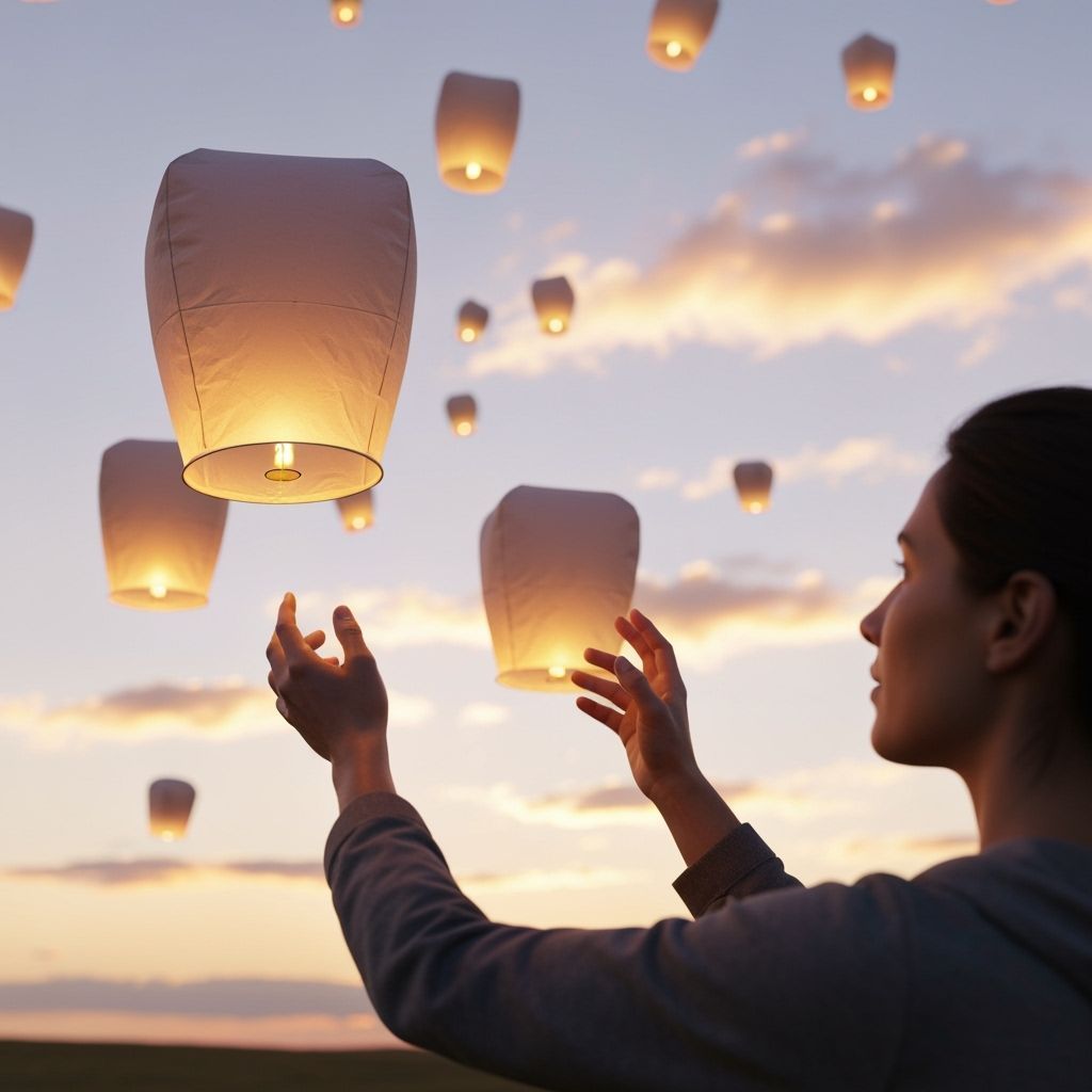 Person Releasing Glowing Lanterns at Dawn