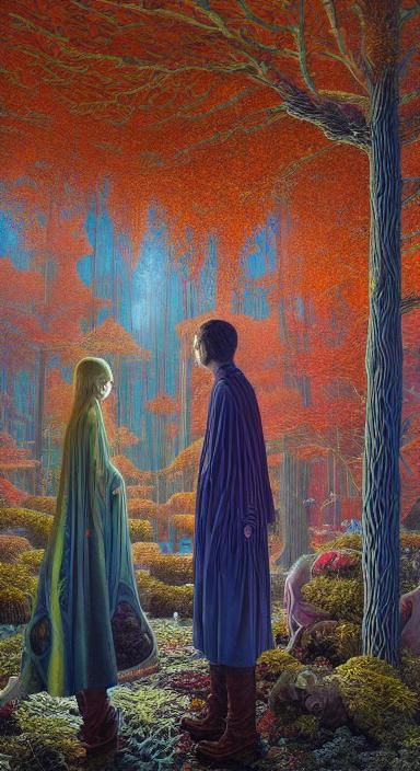 Surreal Fairytale Scene with Weightless Figures in Mixed Med...