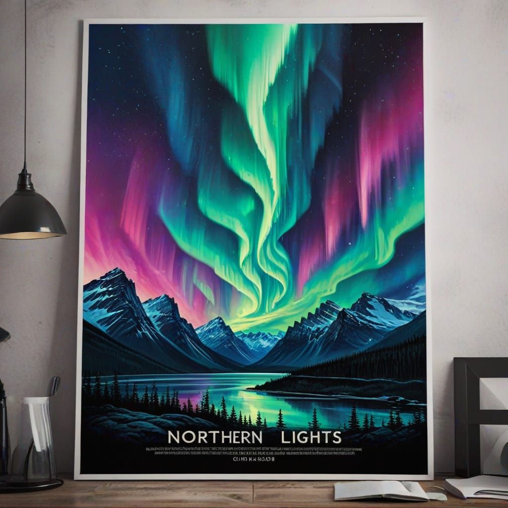 "Poster of stunning landscape with northern lights"