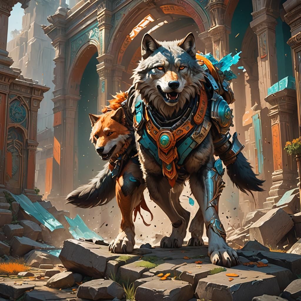 Wolf Warrior Concept Art in Orange and Teal