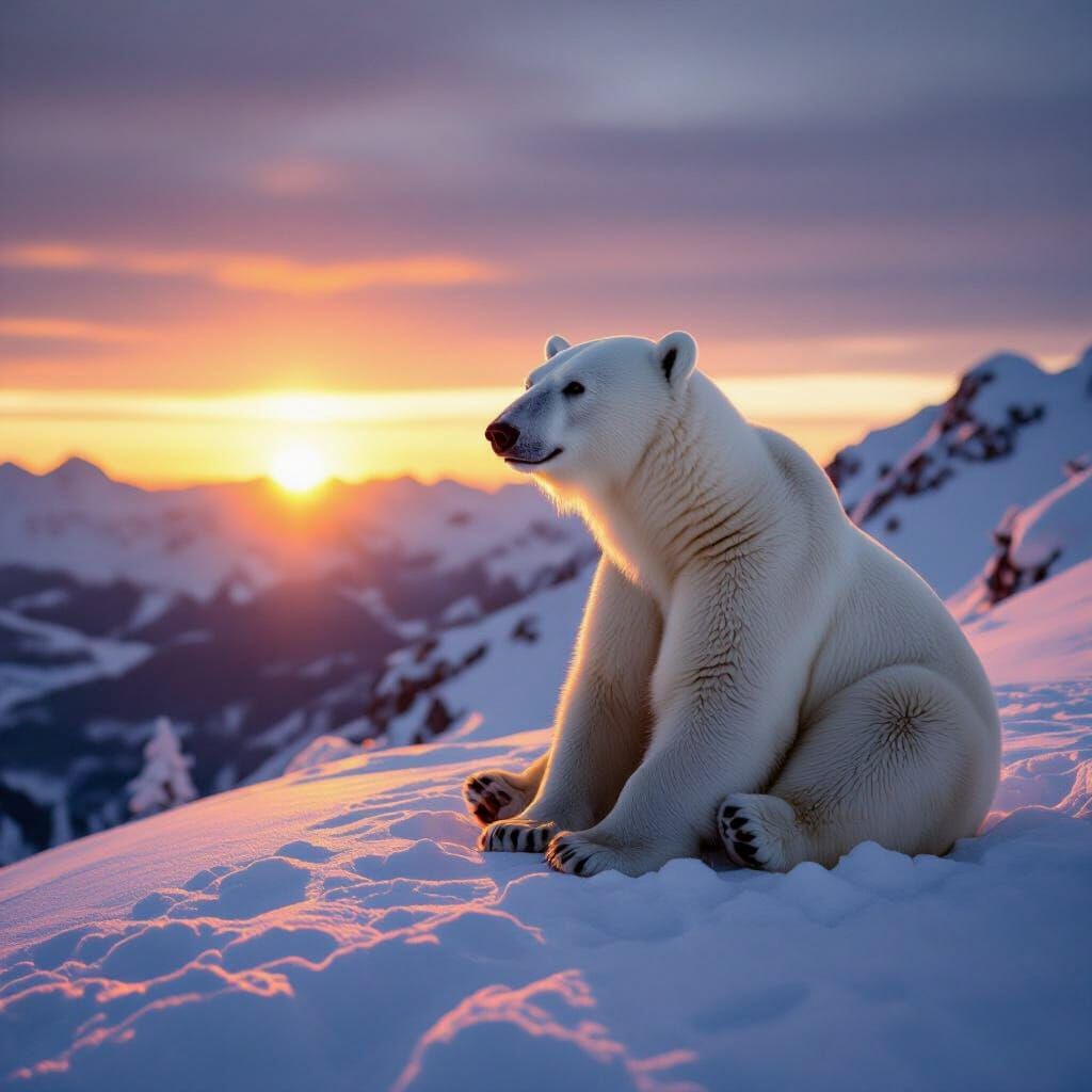 Polar Bear on Snowy Mountain at Sunset