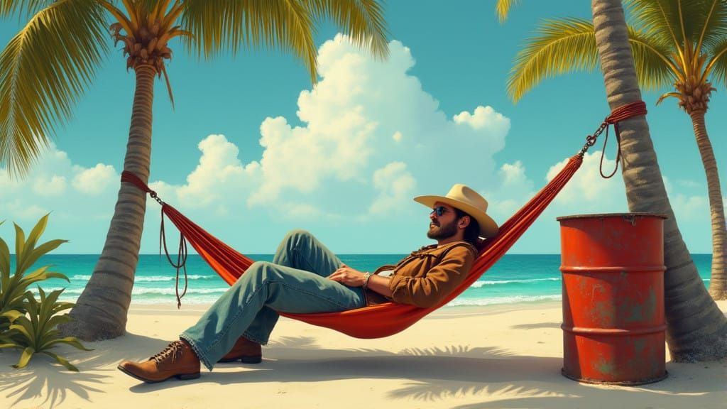 Cowboy in Hammock on Tropical Beach, Mark Watts Style