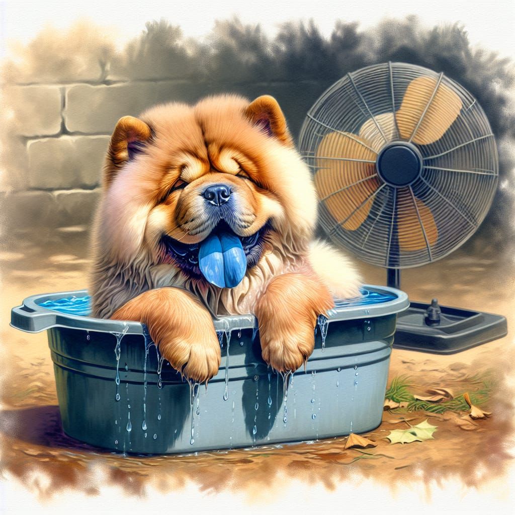 Chow Chow Cooling Off: Oil and Watercolor Painting
