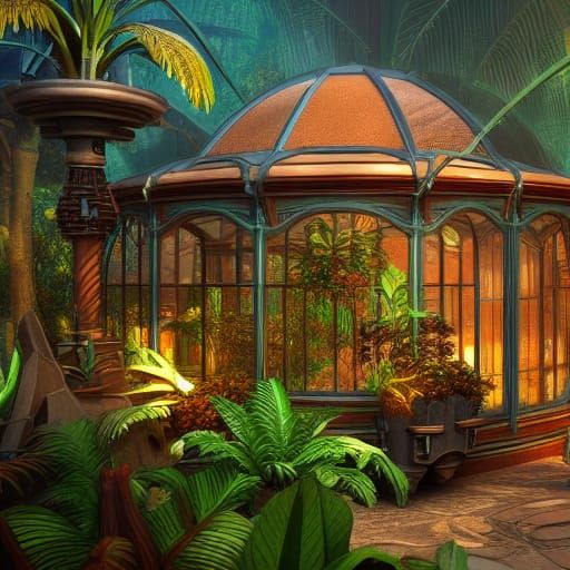 Steampunk Tropical Greenhouse in Detailed Matte Painting