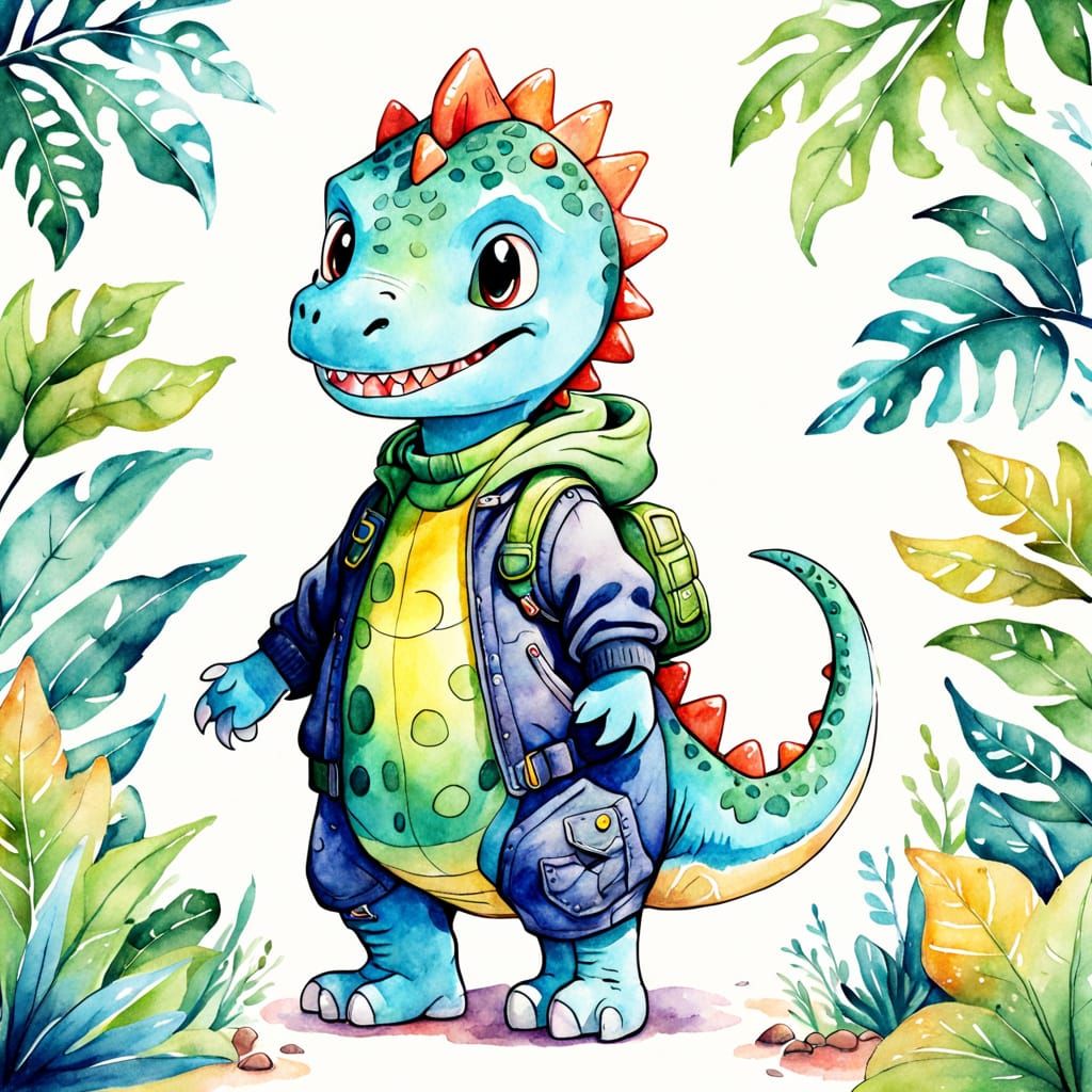 Cute Cartoon Dinosaur in Watercolor Style