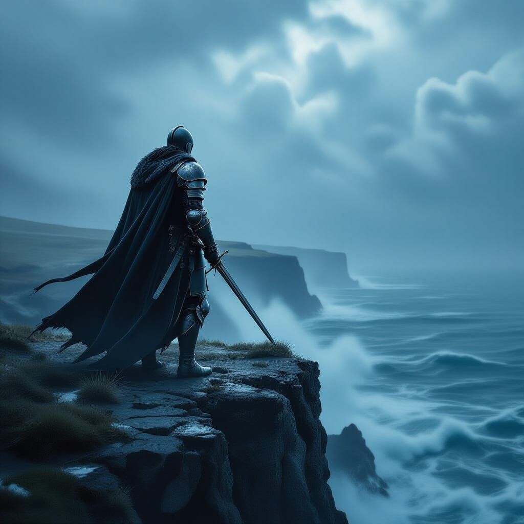 Knight Gazing at Stormy Sea in Chiaroscuro Lighting