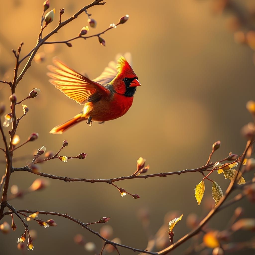 Vibrant Cardinal Soars Through Spring Blooms in Hyper-Realis...