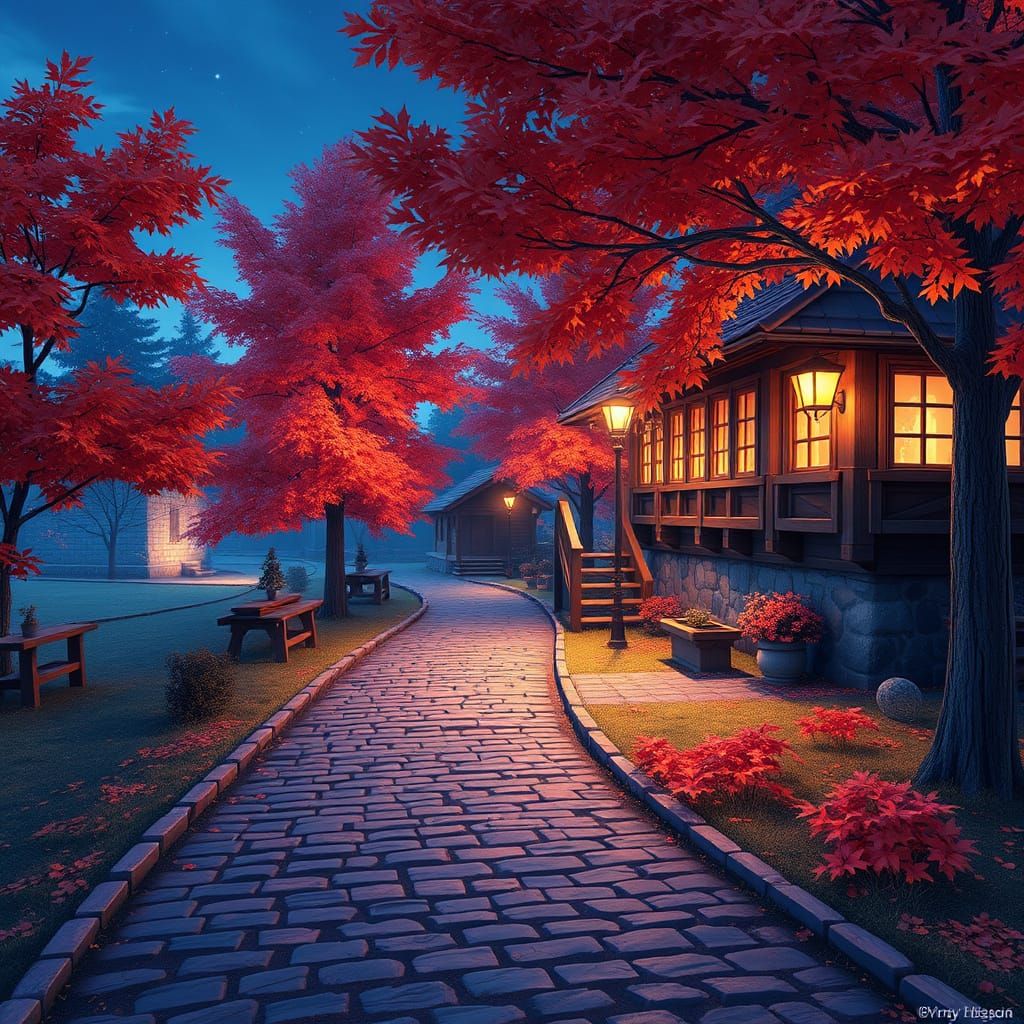 Charming Autumn Village in Anime 3D Style