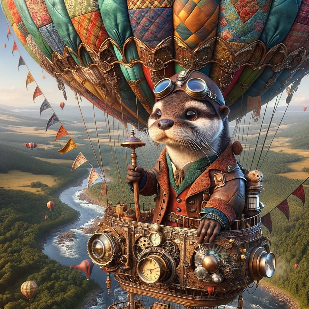 Steampunk Otter in Quilted Hot Air Balloon