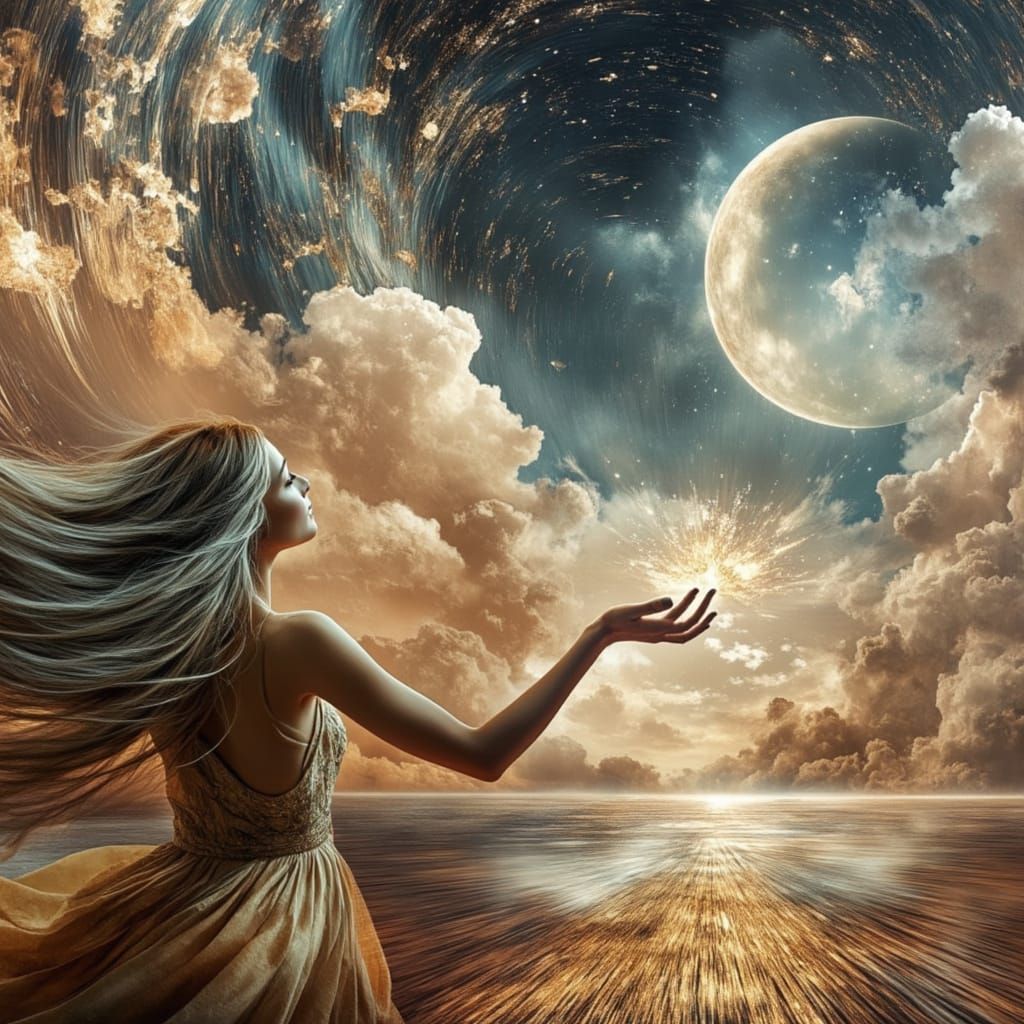 Woman Holds Celestial Moon in Divine Sky: Digital Art