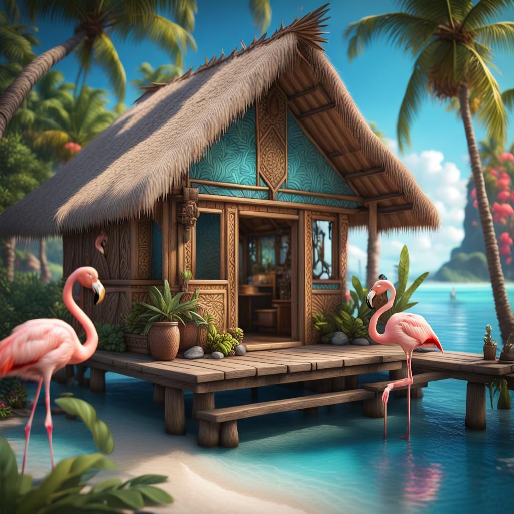 Tropical Island Oasis with Flamingos: 8K Resolution