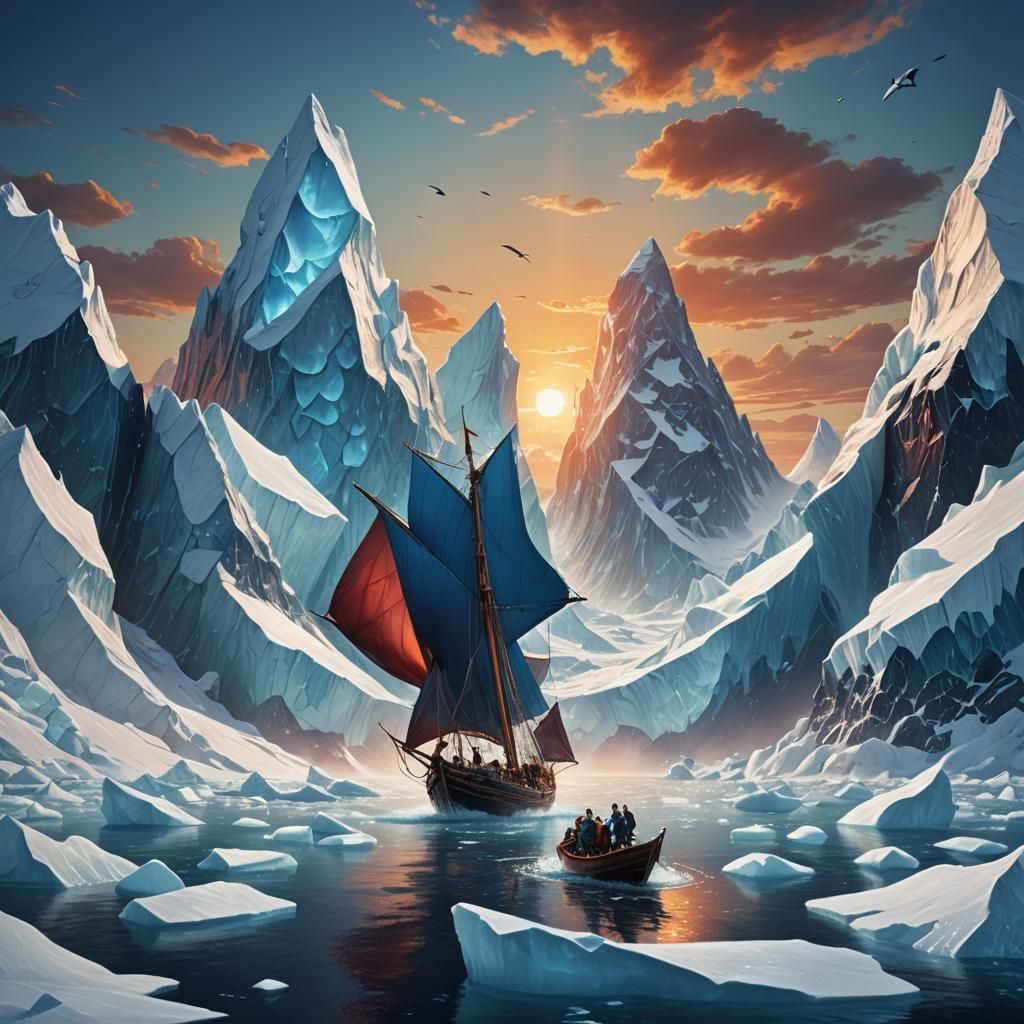 Icy Sea Voyage with Fish-Human Crew: Fantasy Art