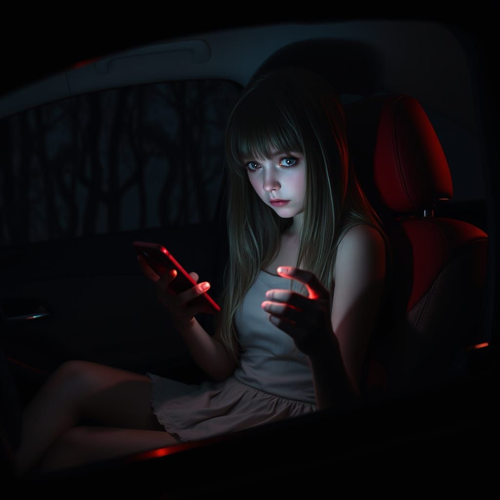 Girl in Ominous Smartphone Trance, Dark Car Interior