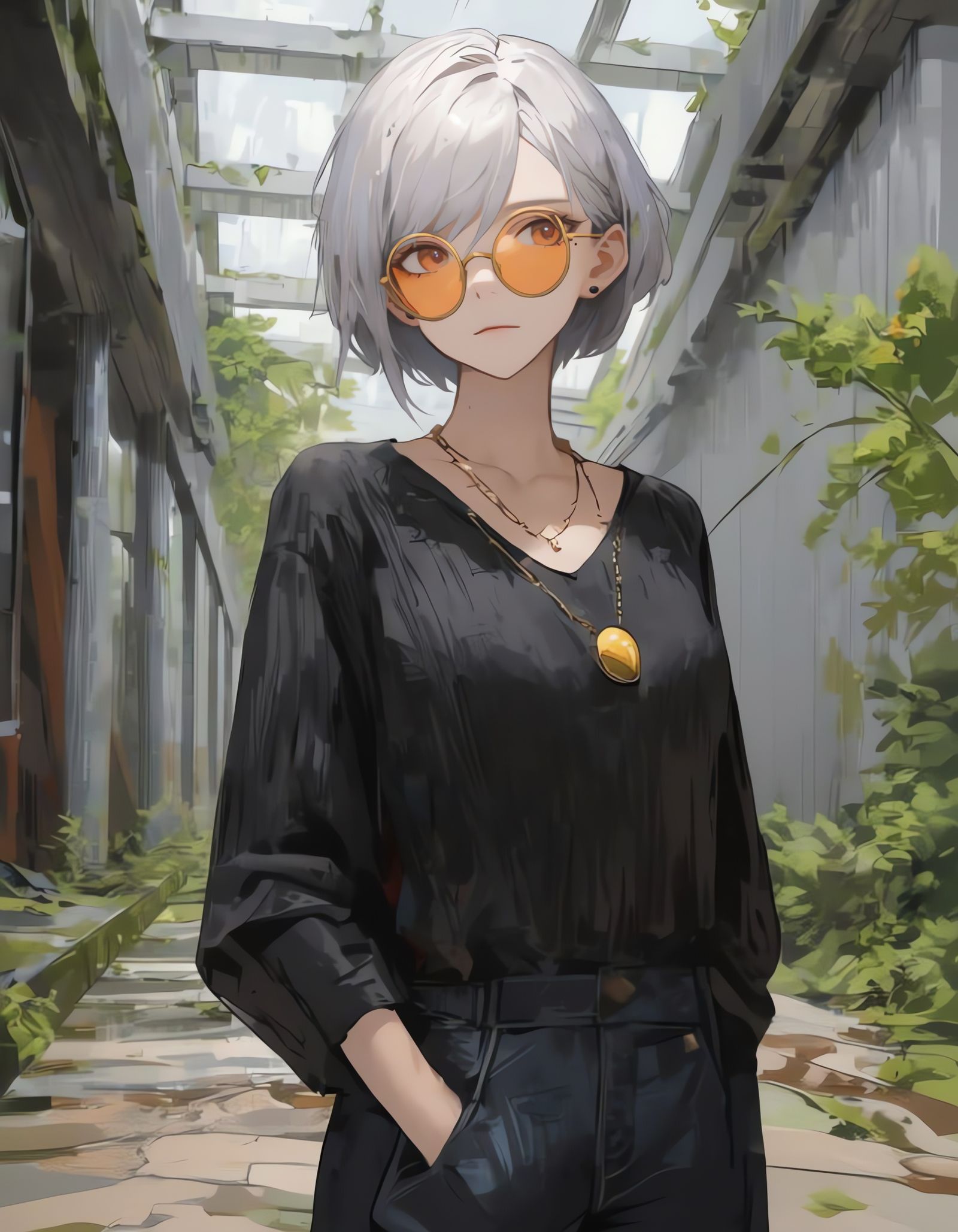 Androgynous Figure in Brutalist Hallway, Painterly Style