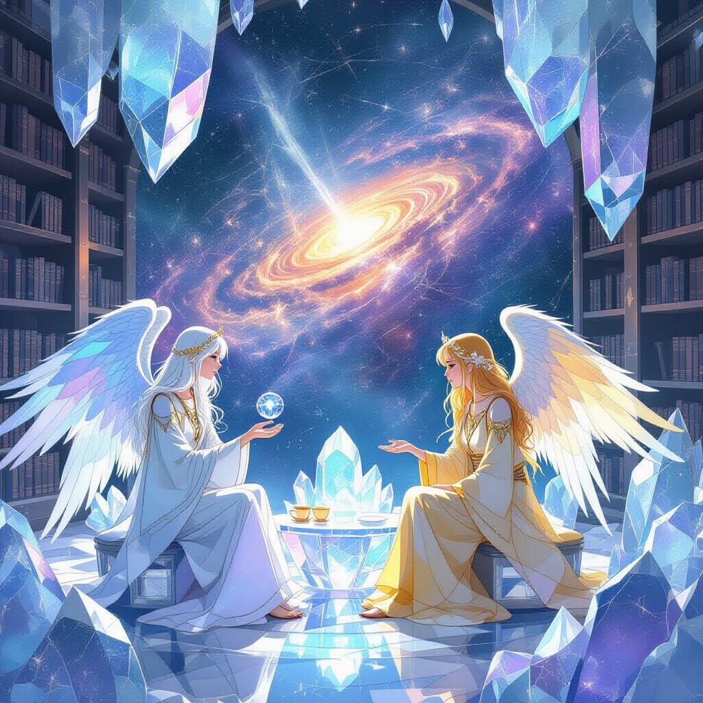 Angelic Beings in Crystalline Library Watercolor Painting