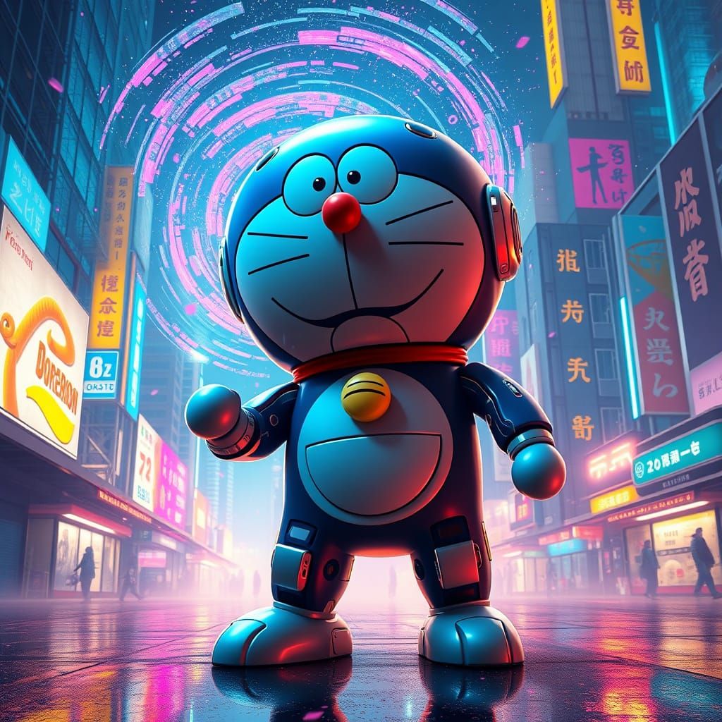 Cybernetic Doraemon in Vibrant Dream City
