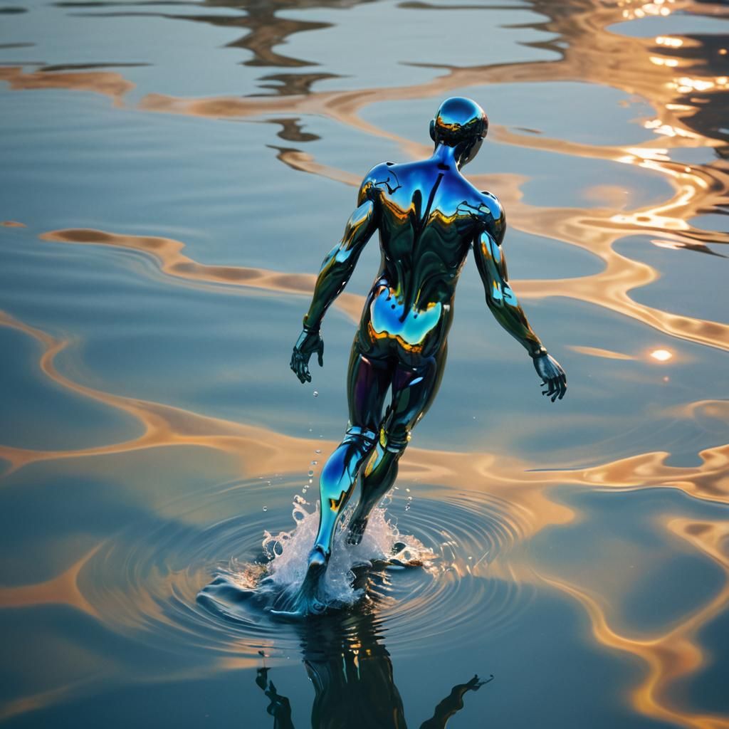 Iridescent Humanoid Emerges from Water: Surreal Oil Painting