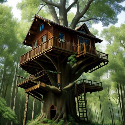 Whimsical Treehouse Perched Amongst Leafy Branches