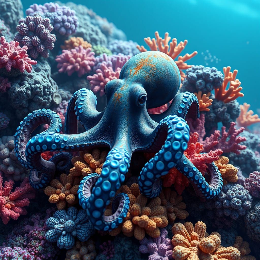 Vibrant Coral Reef Scene with Realistic Blue Ringed Octopus