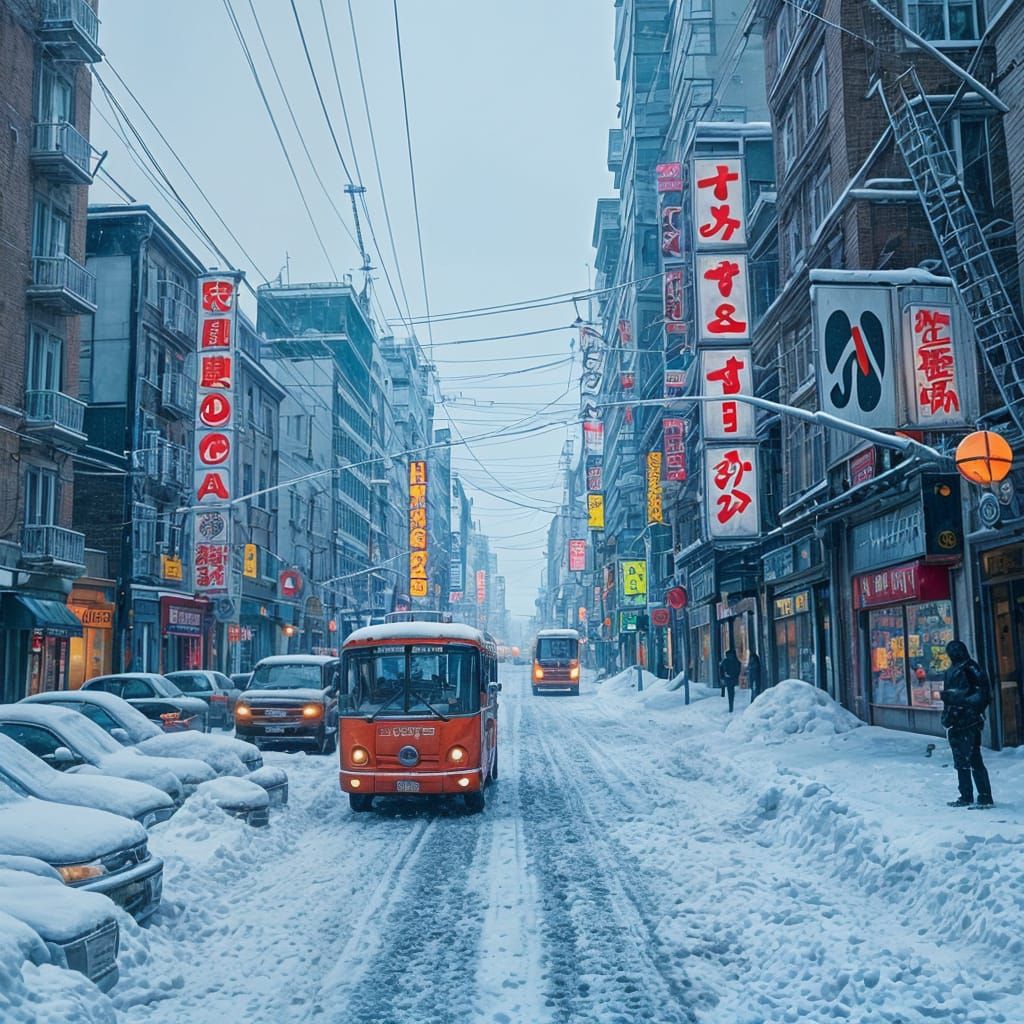 City Shut Down by Snowstorm in Surreal Style