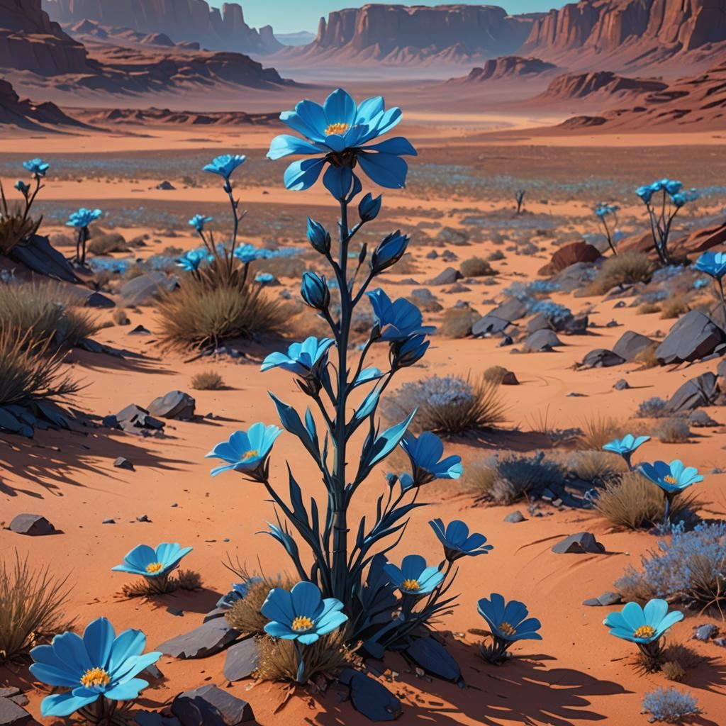 Glowing Blue Flower in Arid Desert Landscape