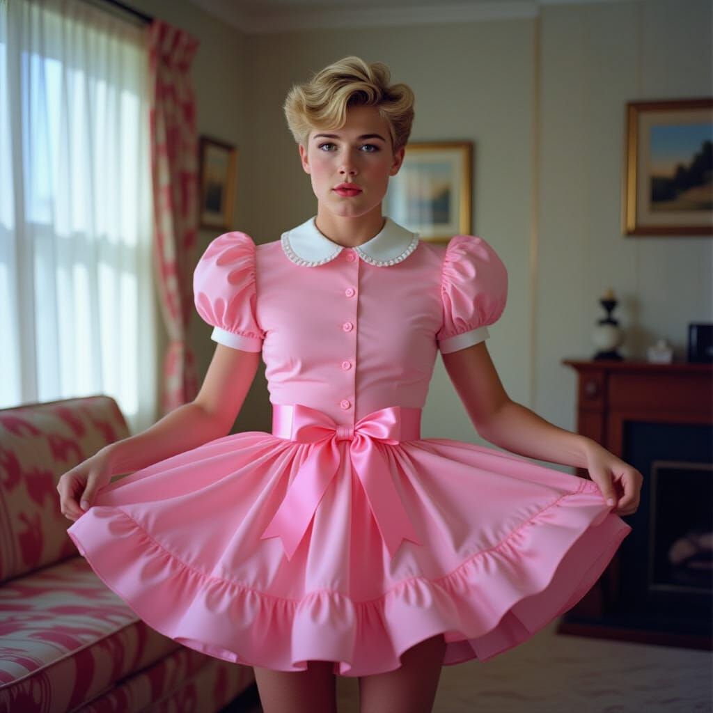 Man in Pink Frilly Dress in Cinematic Film Still
