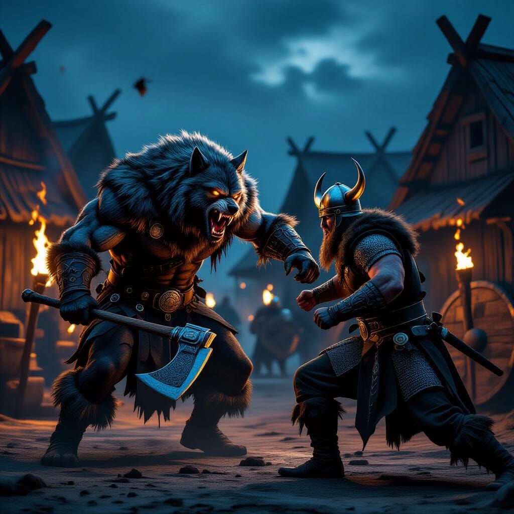 Viking Werewolf Attack in Dark Fantasy Style