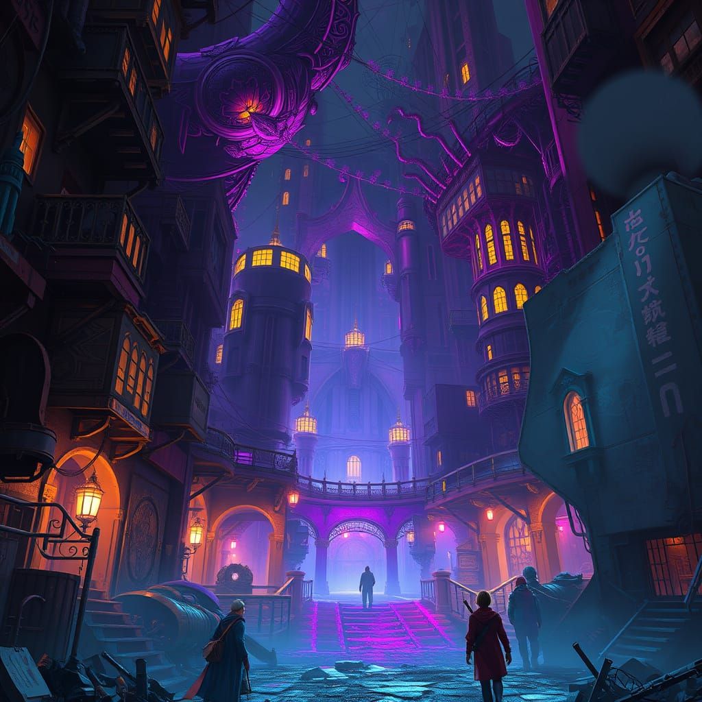Gritty Dark Fantasy Cityscape in Vibrant Purple Hues