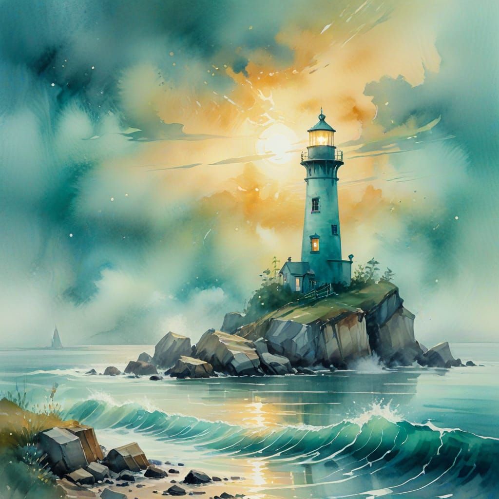 Une image saisissante d'un phare turquoise dans un paysage marin brumeux. L'œuvre évoque le style d'une aquarelle stylis...