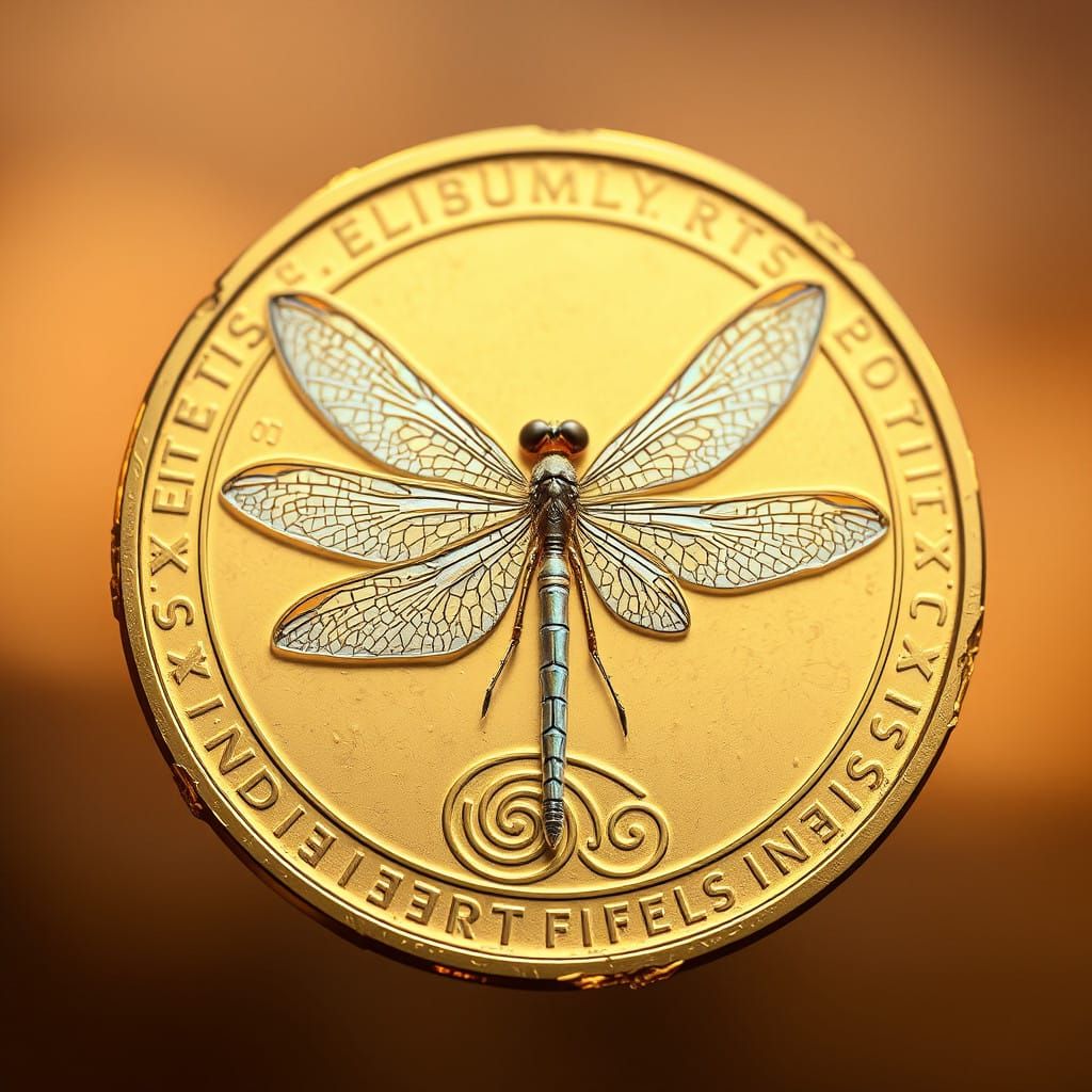 Gold Coin with Engraved Damselfly in Fantasy Concept Art Sty...