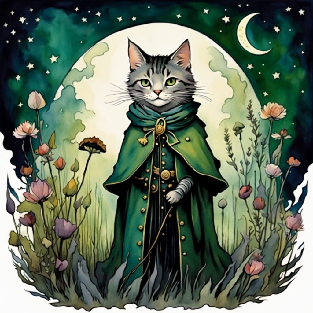 Whimsical Cat in a Starry Night Landscape