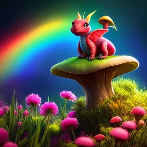 Cute Baby Dragon on Mushroom