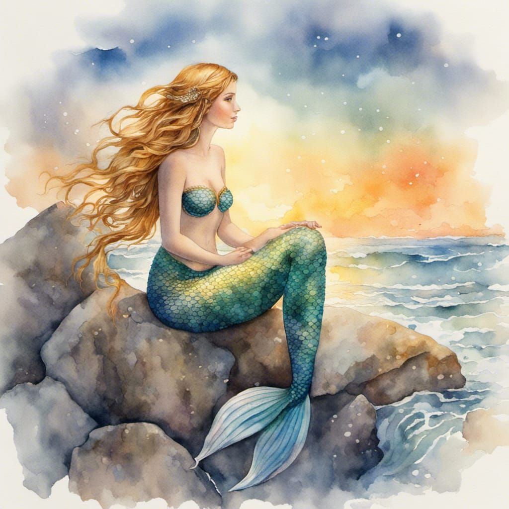Beautiful Mermaid in Detailed Watercolour Painting