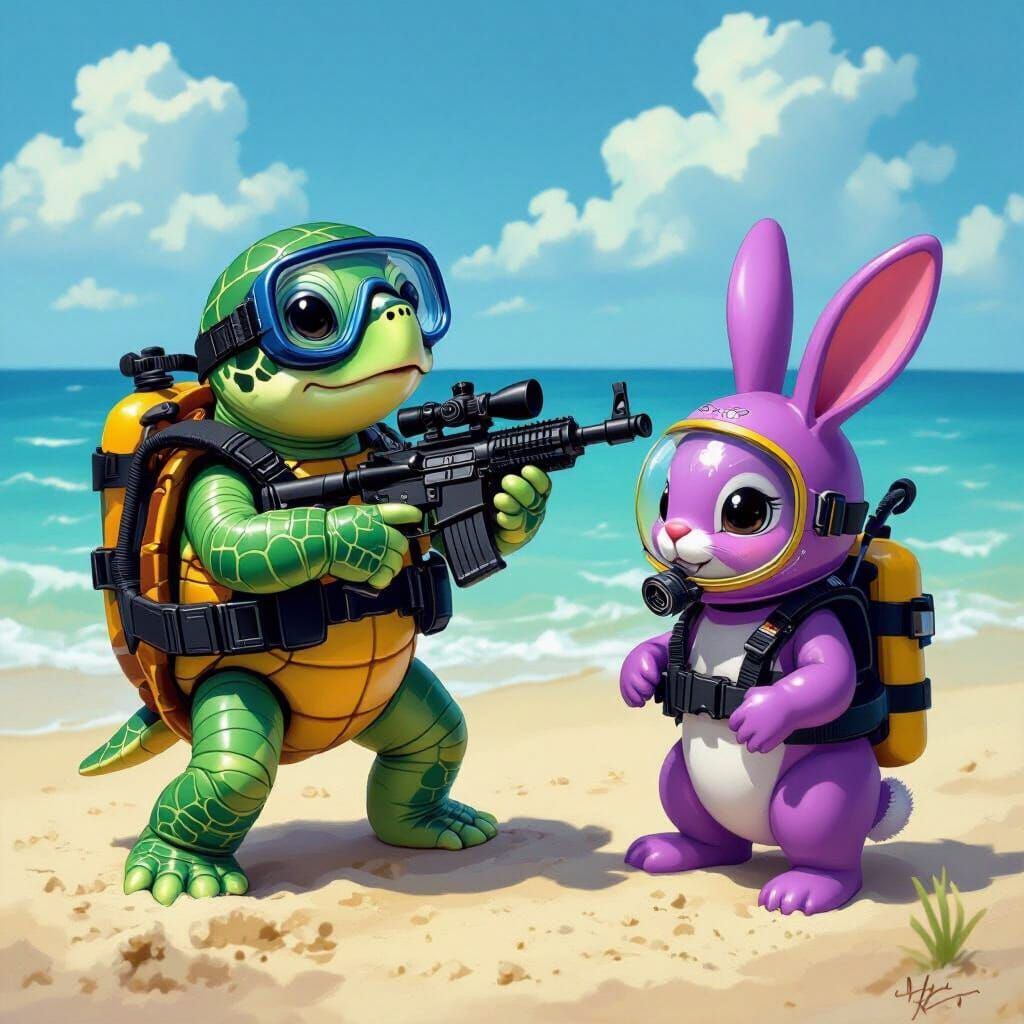 Whimsical Sea Turtle and Bunny on the Beach