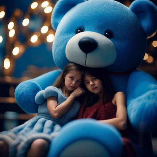 Giant Cozy Stuffed Blue Teddy Bear and Girl
