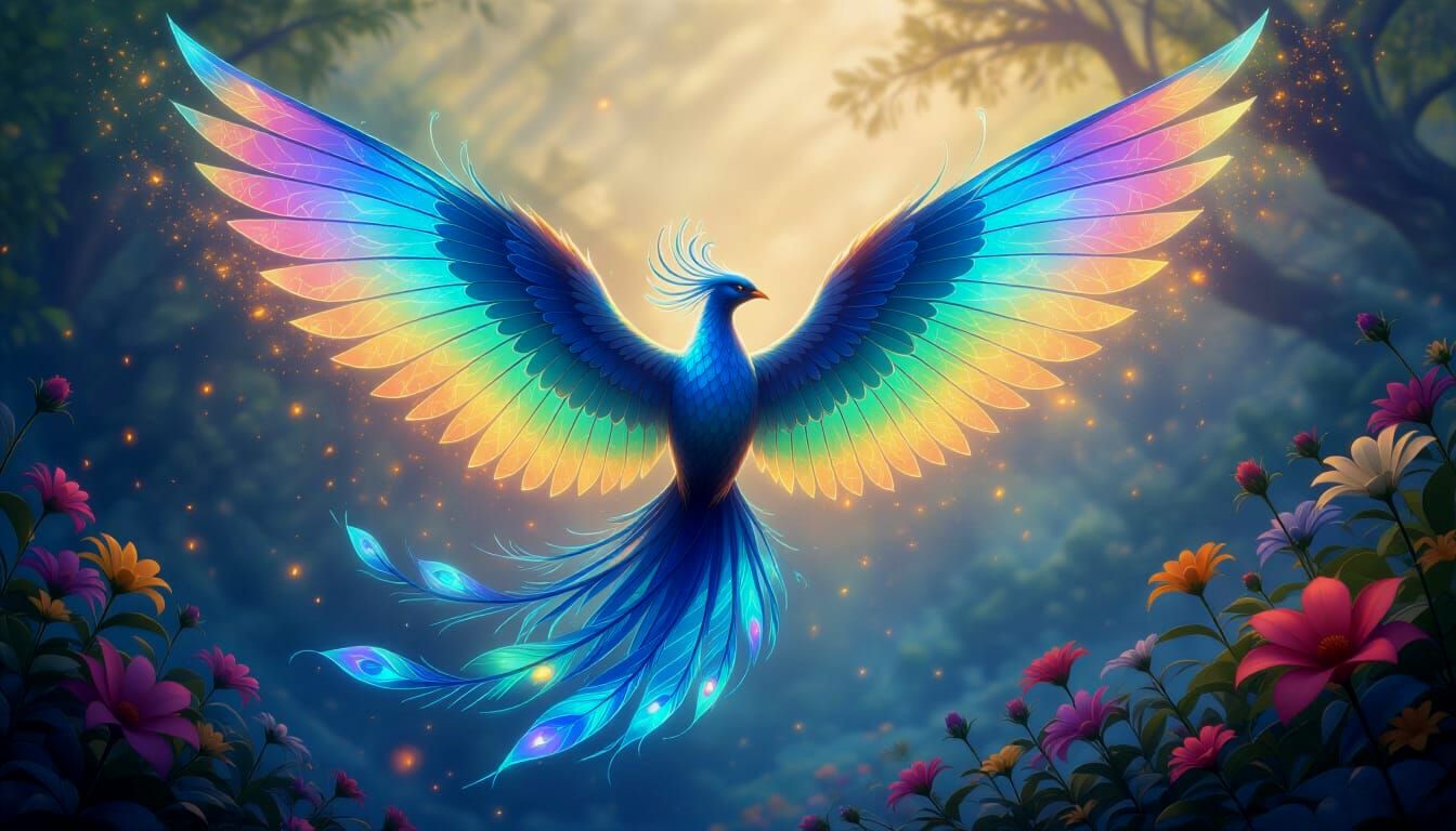 Majestic Phoenix-Butterfly Hybrid Soars in Mythical Grove